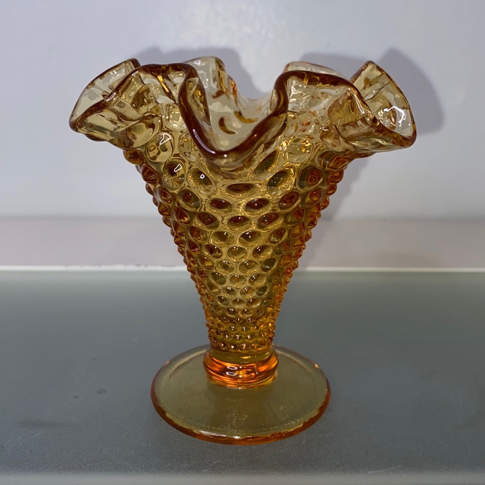 Vintage Fenton Amber Glass Hobnail Miniature Vase